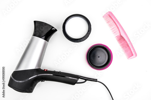 Haircare Concept. Hairdryer With Comb And Hair Mask Treatment On White Background