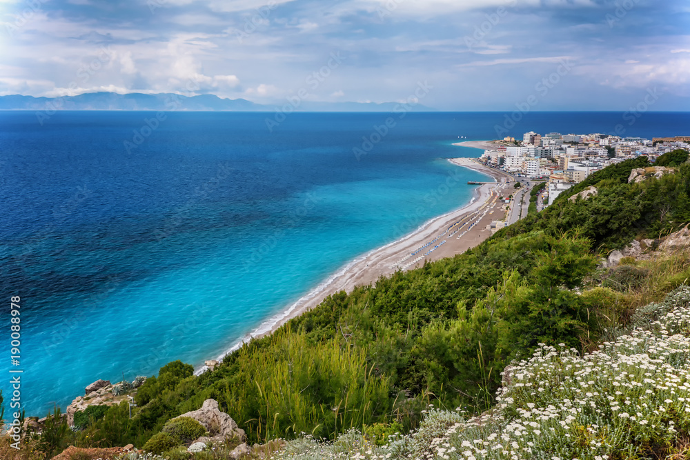 View on Rhodes city with sandy beach. Rhodes island, Dodekanes, Greece