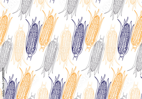 Vector hand drawn Corn cobs pattern in yellow, blue, orange and gray colors palette on white background