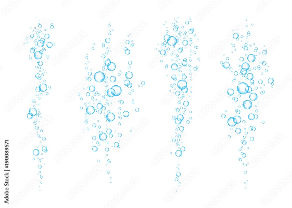Blue underwater fizzing air bubbles flow on white background. Blue underwater fizzing air bubbles flow on white background.