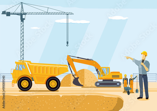 Bagger und Sandkipper auf der Baustelle