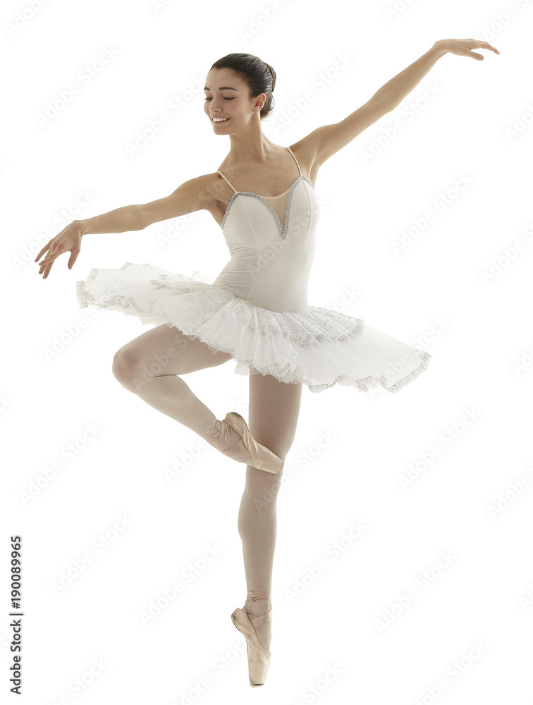 Fotografia ballerina with white tutu doing the pique pose on white  background su EuroPosters.it