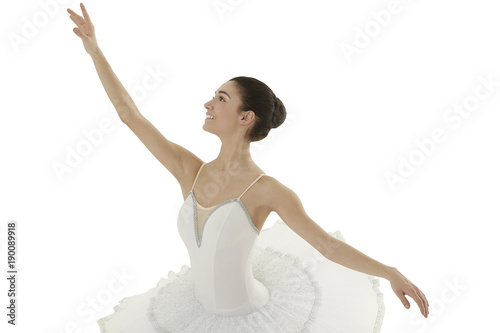 ballerina doing the allonge' pose on white bakground