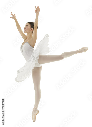 ballerina doing a arabesque with a white tutu on white background