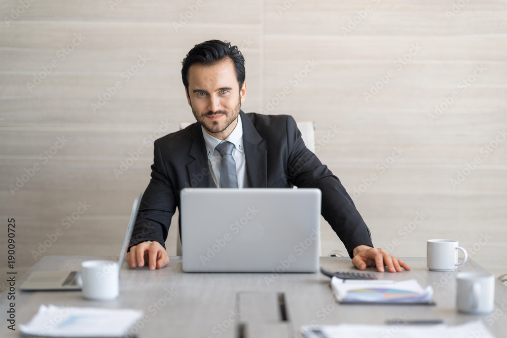Modern Businessman in the Office with Copy Space. Smart startup new project concept. Setup studio shooting.