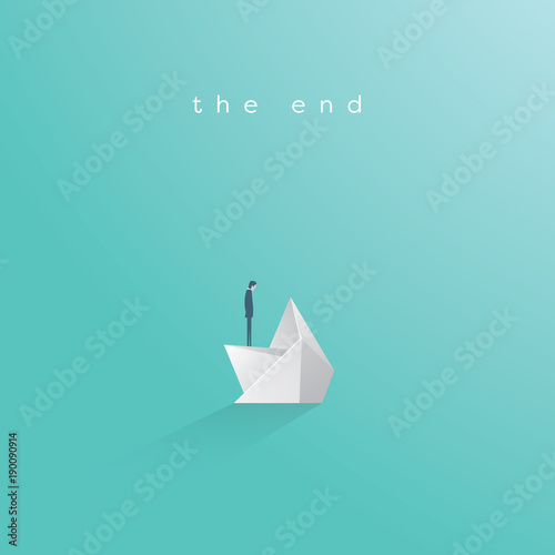 Business bankruptcy vector concept. Businessman on sinking paper boat. Symbol of business failure, debt, market crash, crisis and recession.