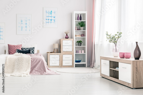 Posters in pink bedroom interior