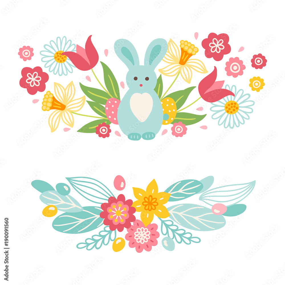 Set of floral bouquets with rabbit, tulips, narcissus, chamomile, eggs