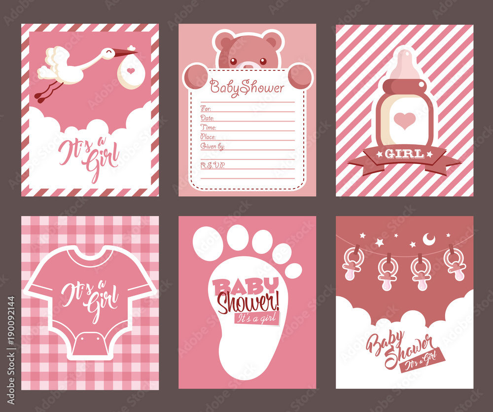 Collection of pink girl baby shower invitation greeting cards