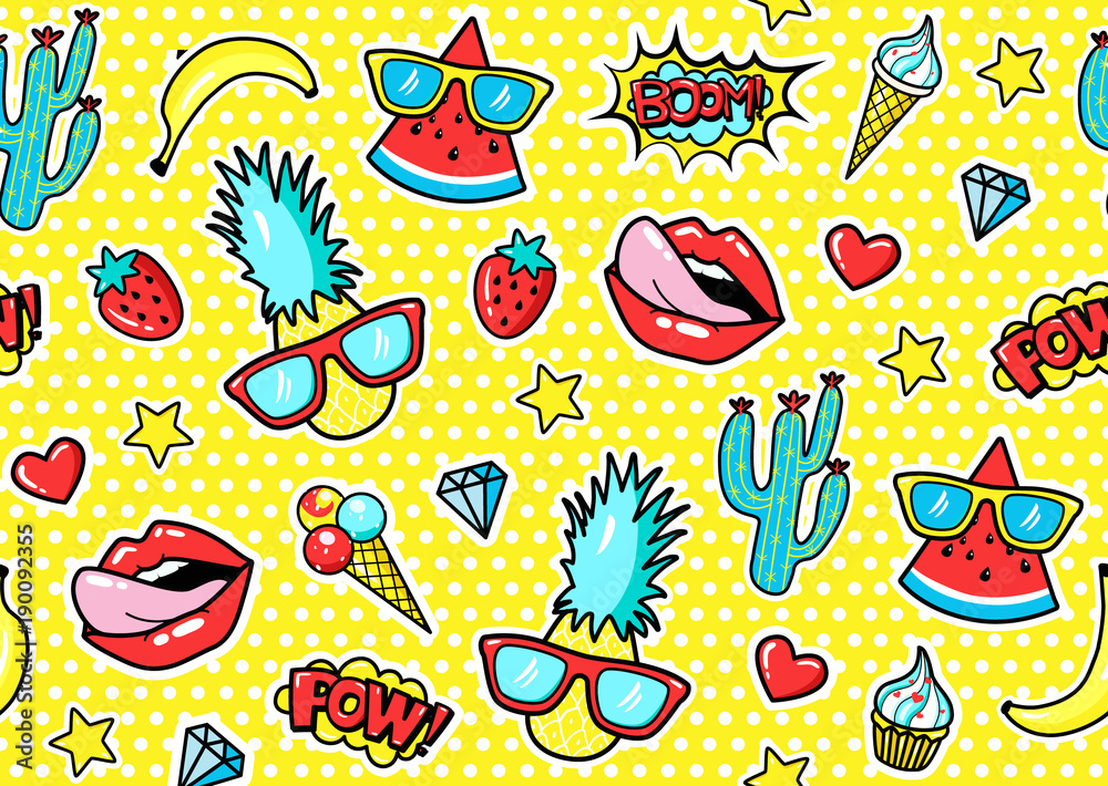 © 210484kate - Seamless pattern with fashion patch badges with pineapple, lips, hearts, speech bubbles. Vector illustration in cartoon 80s-90s style.. © 210484kate - Seamless pattern with fashion patch badges with pineapple, lips, hearts, speech bubbles. Vector illustration in cartoon 80s-90s style..