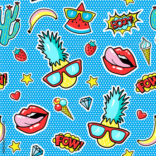 Seamless pattern with fashion patch badges with pineapple, lips, hearts, speech bubbles.  Vector illustration in cartoon 80s-90s style..