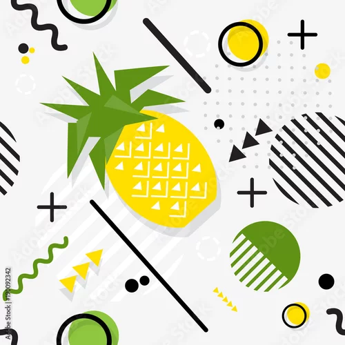 Tapety Modny bezszwowy, Memphis stylowy ananasowy geometryczny wzór, wektor