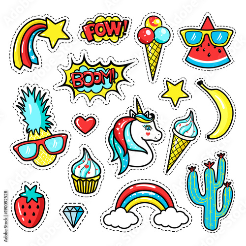 Fashion patch badges with unicorn, lips, hearts, stars, speech bubbles, rainbow; pineapple. Vector illustration in cartoon 80s-90s style.