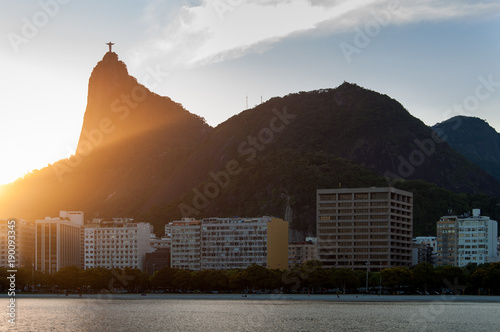 Corcovado Mountain by Sunset View, with Buildings of Botafogo District Below