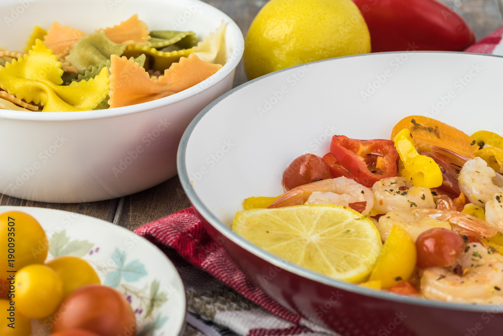 Shrimp veggie colorful bowtie pasta. Shrimp veggie colorful bowtie pasta.
