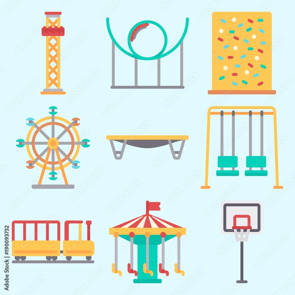 Icons set about Amusement Park with child train, basketball, flambards experience, roller coaster, climb and jumping flore Icons set about Amusement Park with child train, basketball, flambards experience, roller coaster, climb and jumping flore