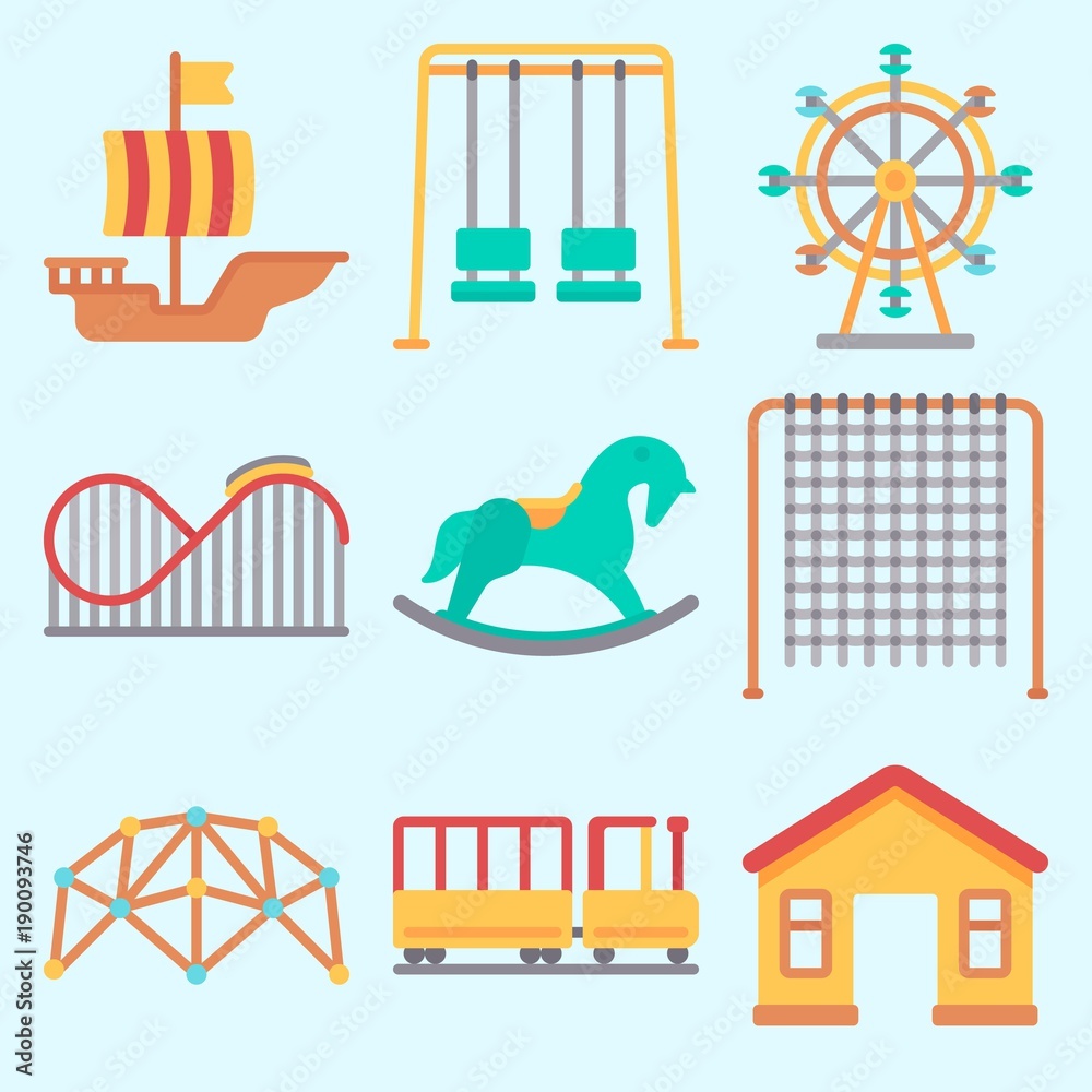 Icons set about Amusement Park with roller coaster, game zone, ferris  wheel, child train, swings and climb Stock Vector | Adobe Stock