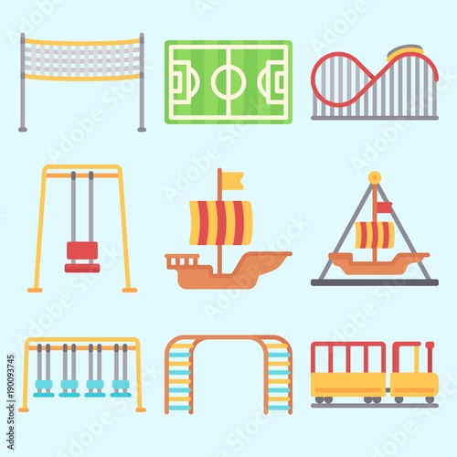 Icons set about Amusement Park with child train, swing , fun, roller coaster, carousel and sailing boat