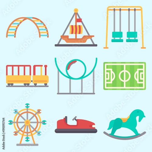 Icons set about Amusement Park with pirate ship ride , child train, horse swing, swings, ferris wheel and swing