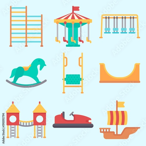 Icons set about Amusement Park with carousel, swings, horse swing, swing , climb  and sailing boat