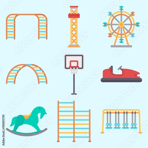 Icons set about Amusement Park with carousel, flambards experience, ferris wheel, basketball, swing  and swings