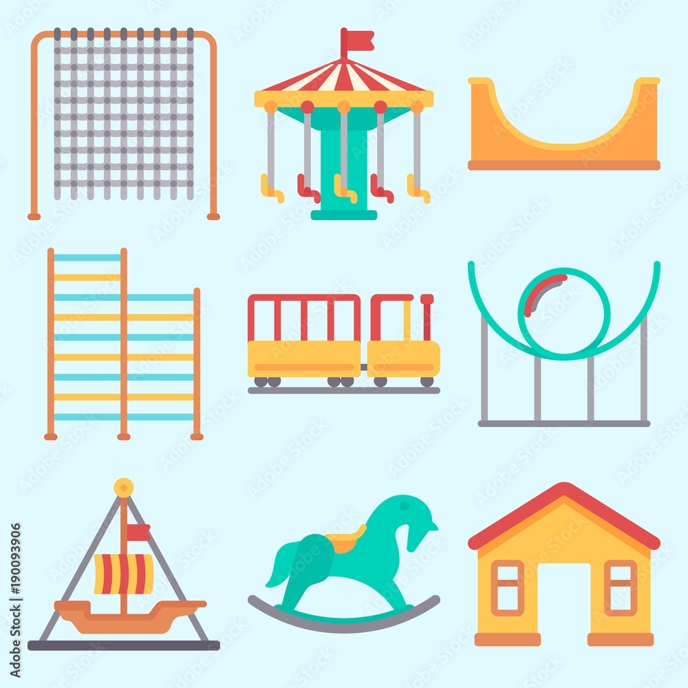 Icons set about Amusement Park with game zone, pirate ship ride , climb , roller coaster, skater and child train Icons set about Amusement Park with game zone, pirate ship ride , climb , roller coaster, skater and child train