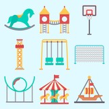 Icons set about Amusement Park with flambards experience, swing , horse carousel, swings, roller coaster and carousel