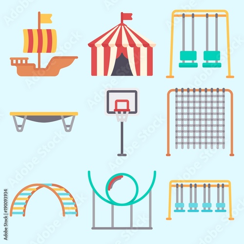 Icons set about Amusement Park with carousel, swing , sailing boat, roller coaster, basketball and game zone