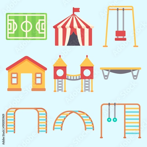 Fototapeta Naklejka Na Ścianę i Meble -  Icons set about Amusement Park with jumping flore, climbing, playground, soccer field, swing  and game zone