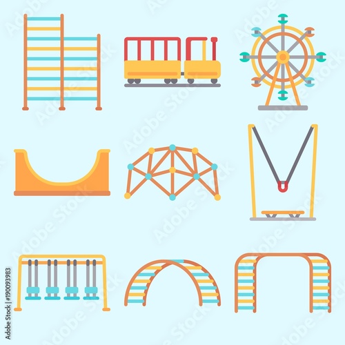 Icons set about Amusement Park with skater, swings, ferris wheel, child train, climbing and carousel