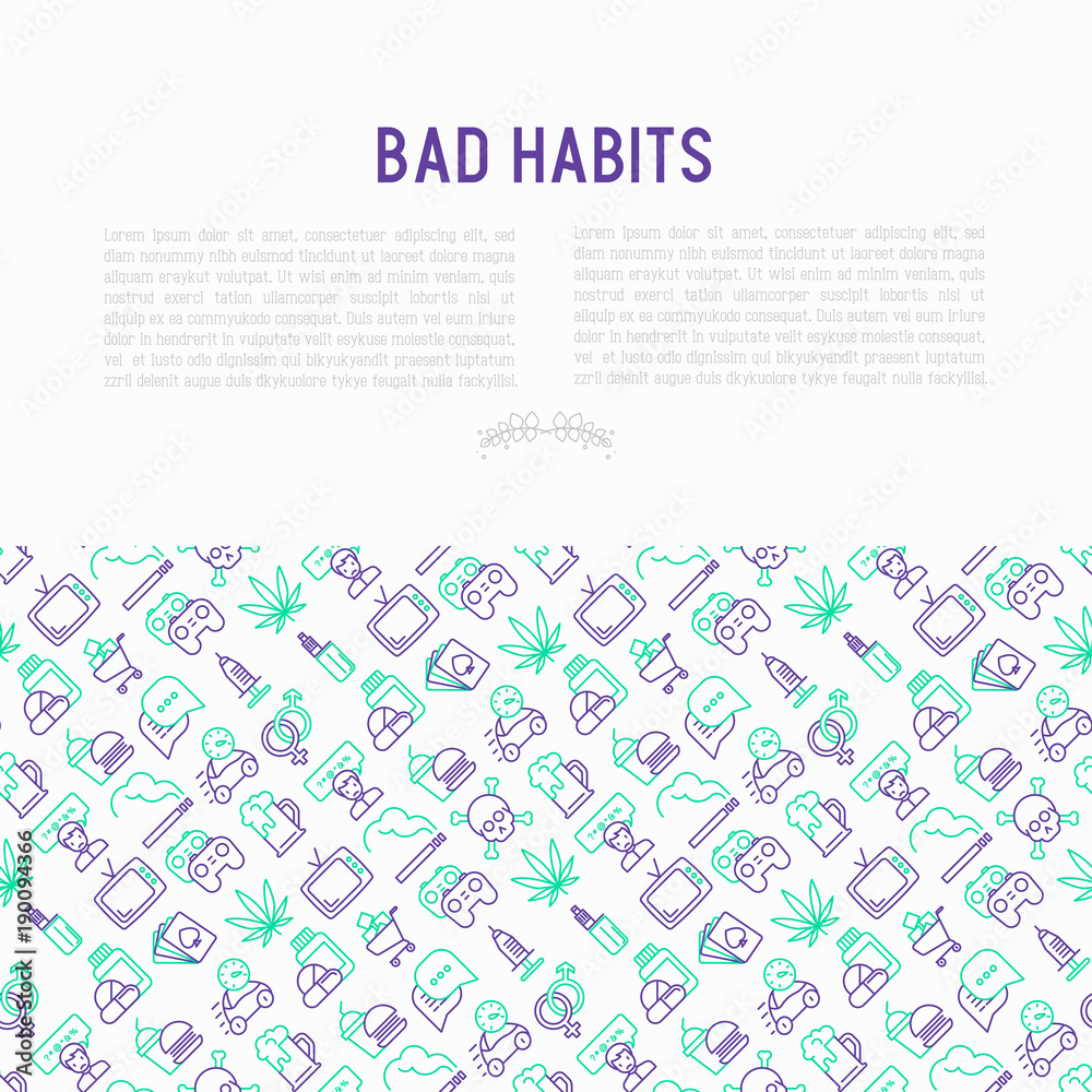 Bad habits concept with thin line icons: abuse, alcoholism, cigarette, marijuana, drugs, fast food, poker, promiscuity, tv, video games. Modern vector iilustration for banner, print media.