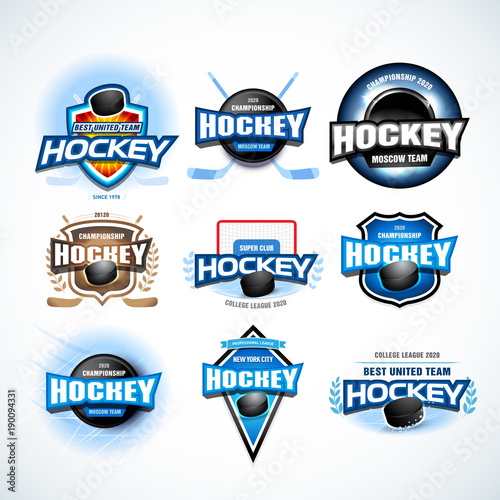 Hockey sport team logotype templates set. Hockey team logo template. Hockey emblem, logotype template, t-shirt apparel design. Sport badge for tournament or championship. Isolated vector illustrations