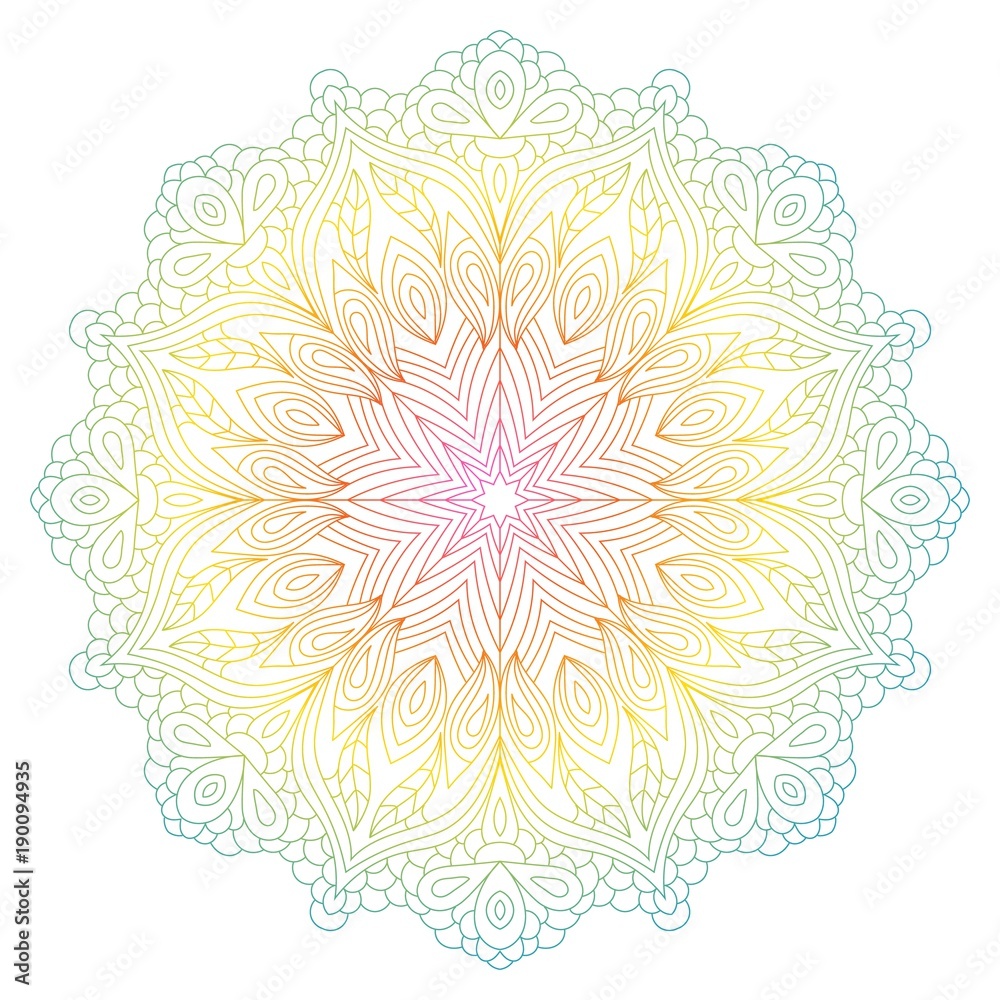 Mandala flower circular green, yellow vintage decorative element. Oriental floral ethnic pattern. Hand drawn isolated vector illustration. Indian, Chinese, Turkish, Islam, Arabic, Ottoman motifs