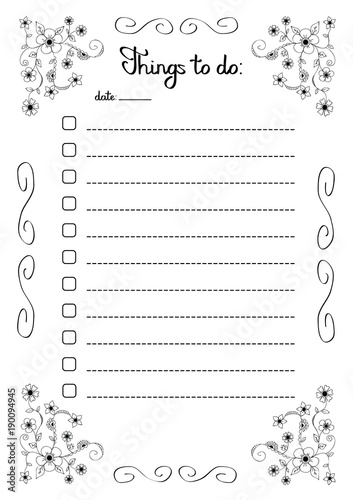 Hand writing Things to do list in a flower frame, check boxes with lines, vector illustration