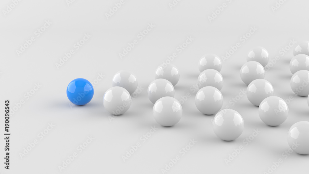 Leadership, blue leader ball among whites. 3D Rendering. Leadership, blue leader ball among whites. 3D Rendering.