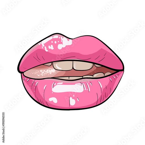 Lips, female, moist, ajar, with a protruding tongue.