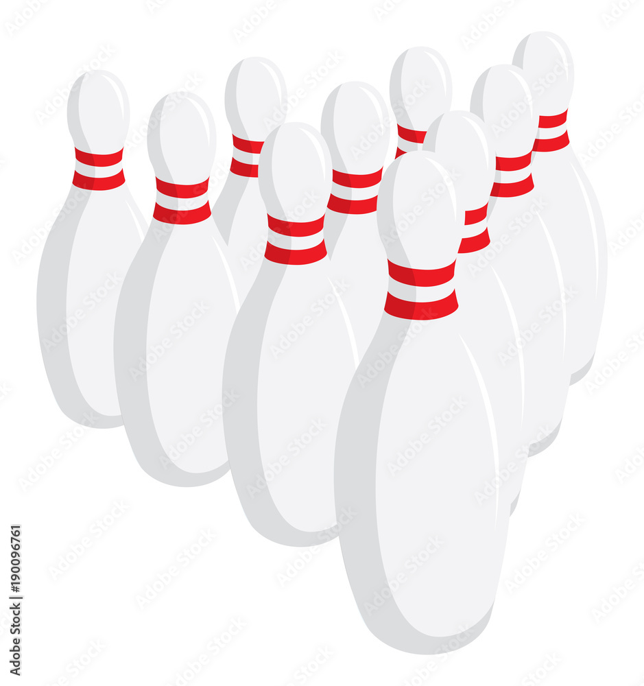 Ten bowling pins standing together Ten bowling pins standing together