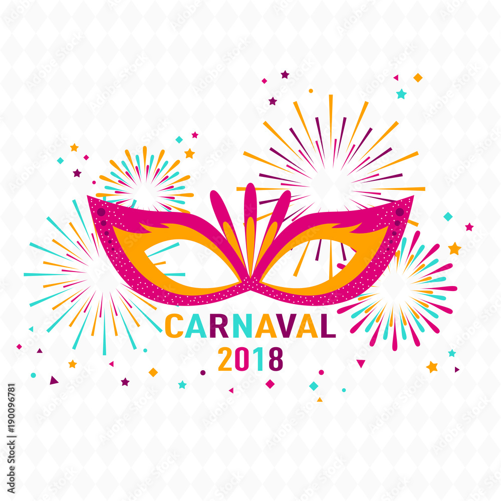 Poster Carnival with masquerade masks isolated on white background with rhombuses. Fireworks, stars. Vector illustration.