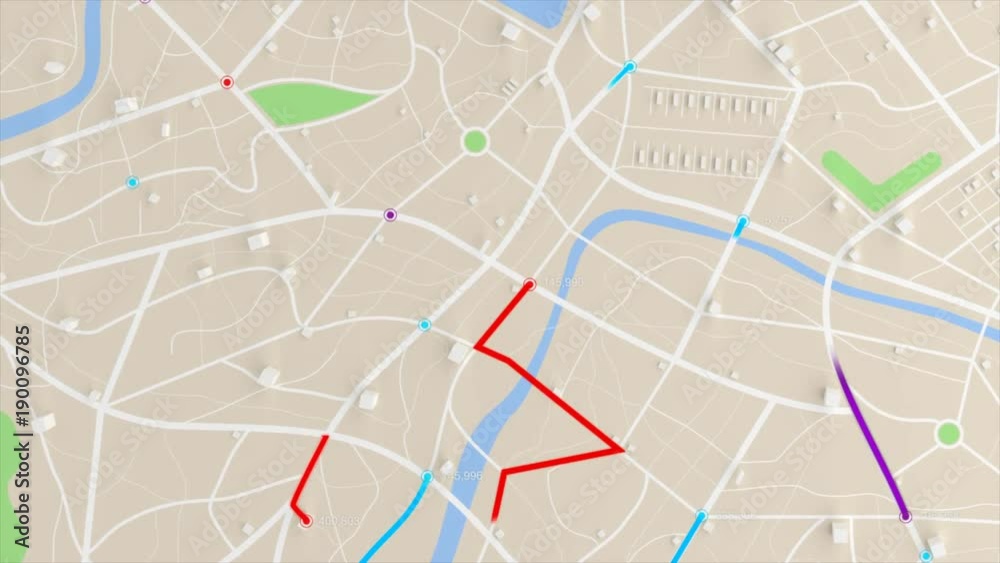 4K animation aerial view of map with 3d building and destination moving location path 
