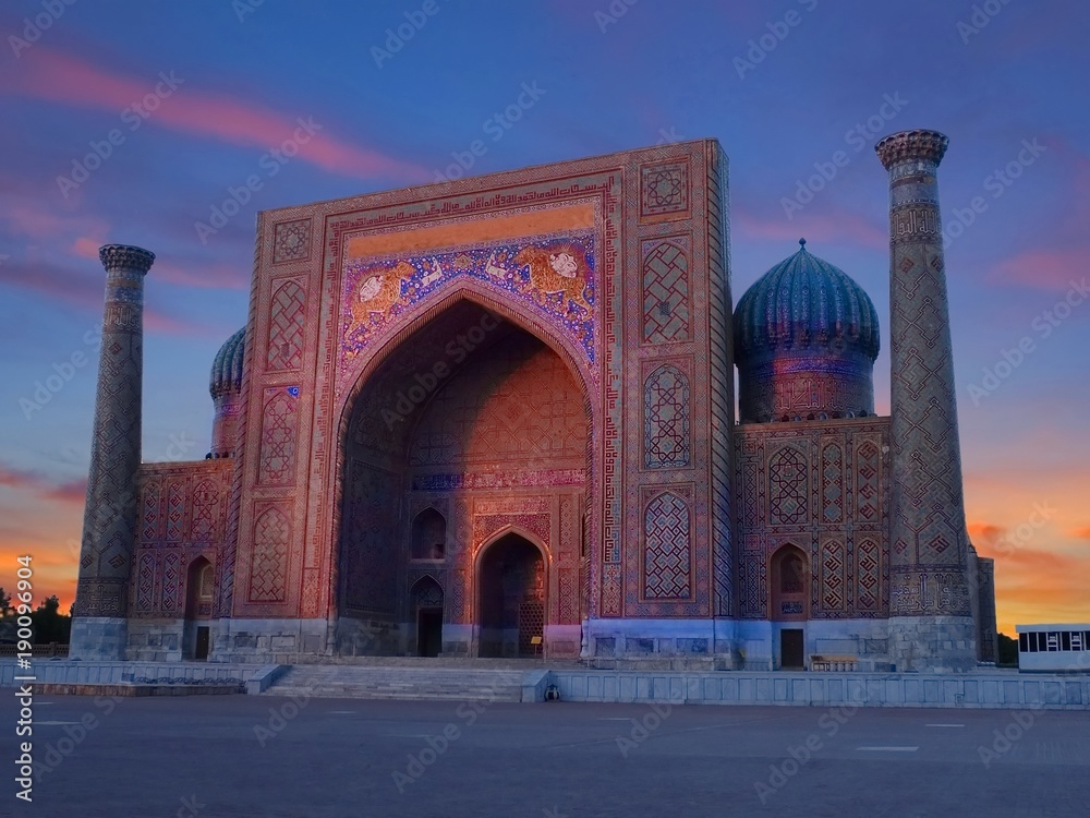 Sunset shot from Registan Square of Sher Dor Madrasah, Samarkand, Uzbekistan