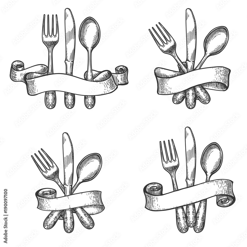 Cutlery sketch. Vintage dinner table silverware set with knife and fork utensils in retro ribbons vector drawing