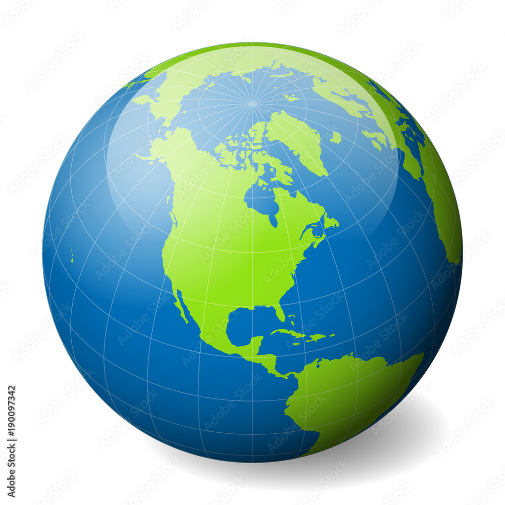 Earth globe with green world map and blue seas and oceans focused on North America. With thin white meridians and parallels. 3D glossy sphere vector illustration.