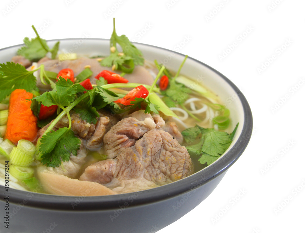 A noodle soup bowl: pork, pepper and onion A noodle soup bowl: pork, pepper and onion