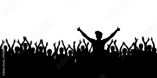 Cheerful crowd cheering. Hands up. Applause people. Silhouette vector
