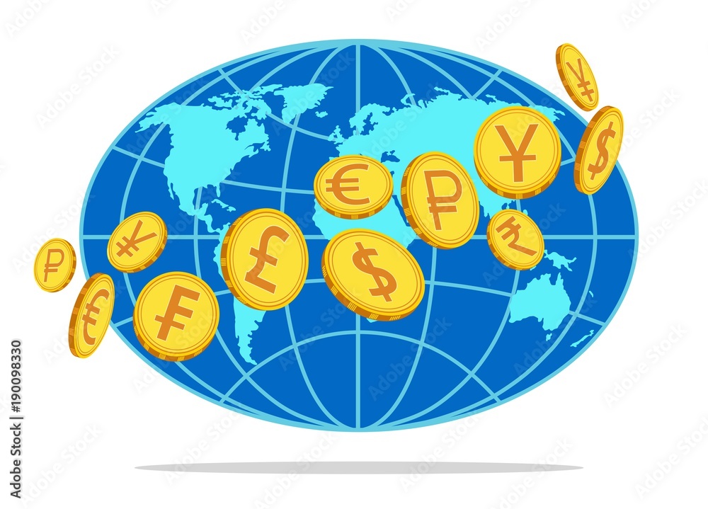 Money, coins revolving around the globe. Vector illustration