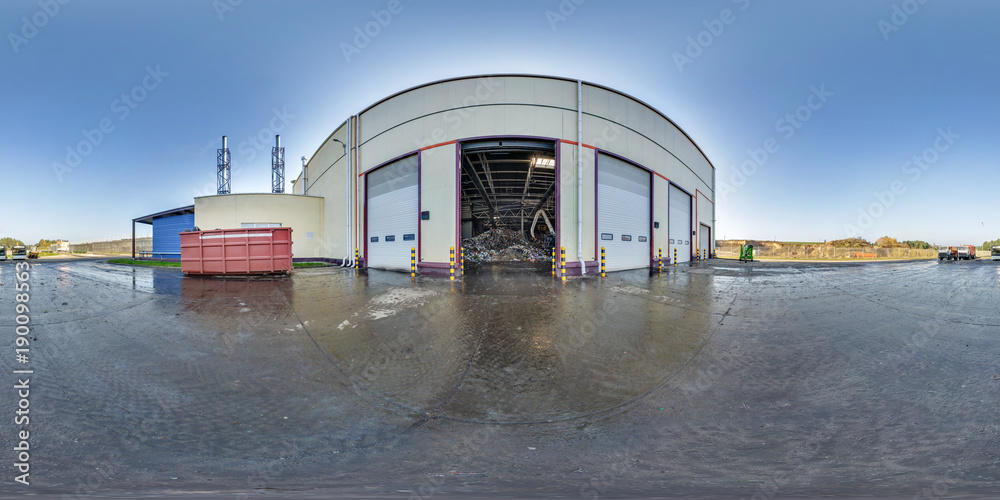 Obraz premium 360 panorama view in modern waste hazardous recycling plant and storage. Full 360 by 180 degree panorama in equirectangular spherical projection, skybox VR content