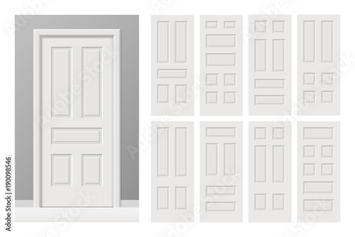 Vector white painted interior wooden doors set in flat style. Realistic proportions, 1:100 scale. photo