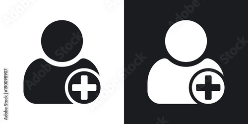 Vector add user icon with plus glyph. Two-tone version on black and white background