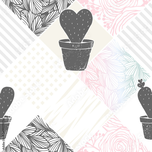 Hand drawn floral patchwork seamless pattern with cactus. Abstract modern background