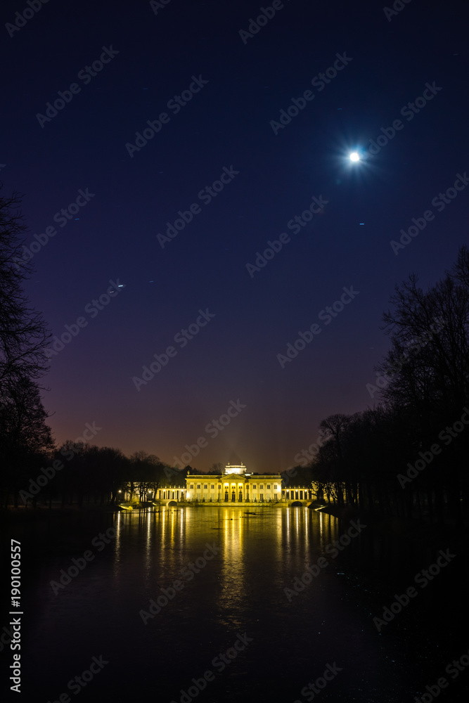 Royal Palace on the Water in Lazienki Park at night in Warsaw, Poland Royal Palace on the Water in Lazienki Park at night in Warsaw, Poland
